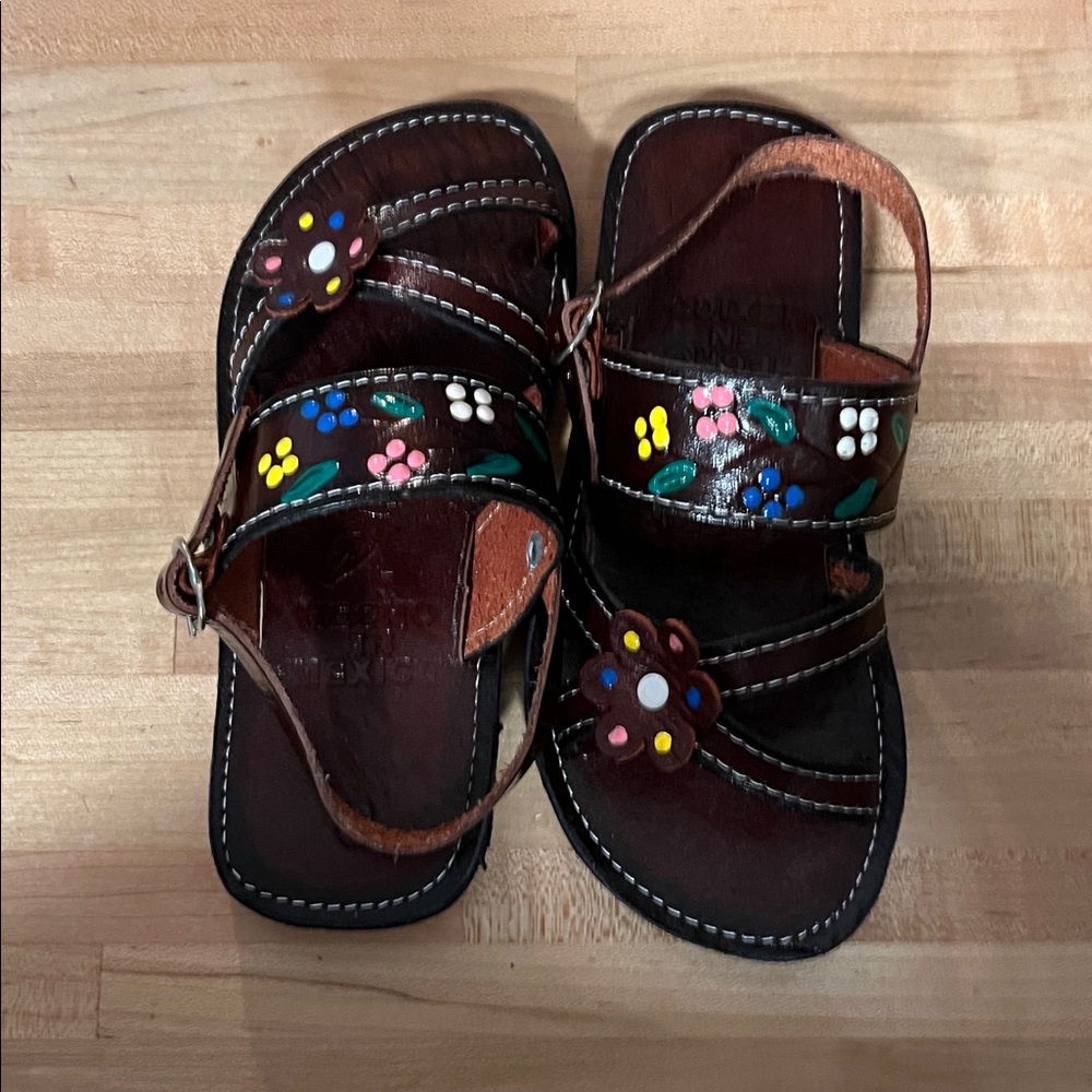 Kids Brown Floral Leather Sandals Kids SZ 12 NWOT Brown Pink Blue Rubber Soles